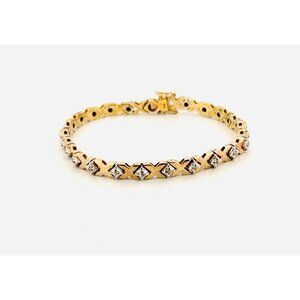 Sterling Silver 925 Gold Tone X Link Tennis Bracelet with White Crystals, 7.5"